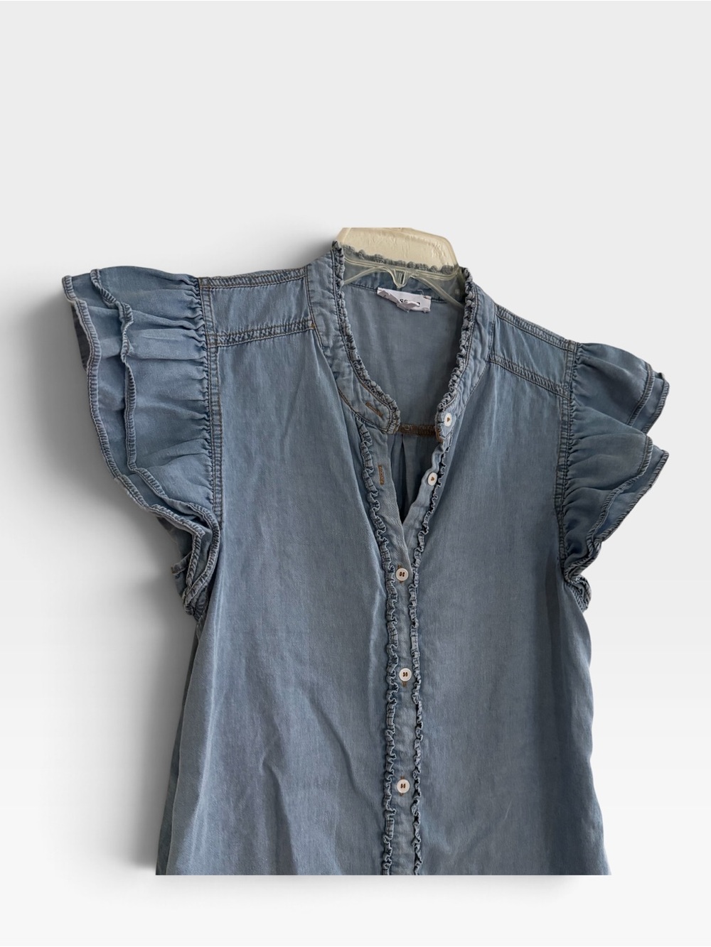EEsome Blue Chambray Denim Mini Dress Button-up Ruffled Sleeves Western Coastal - Picture 4 of 9